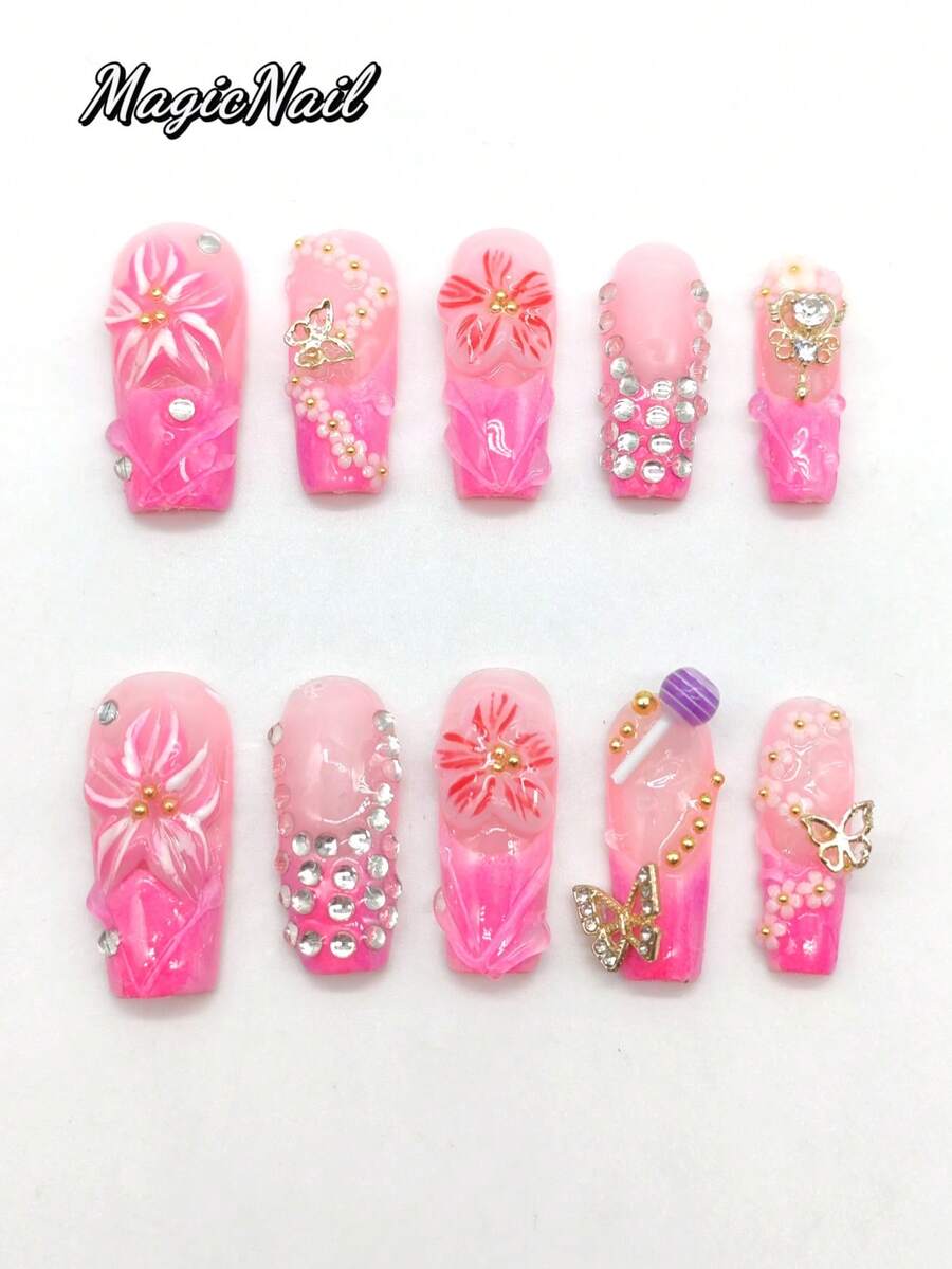 10 Pieces Of Pure Hand-Pressed Wearable Nail, 33mm Long Coffin-Shaped Nail, Pink Hydrated Nail, Pink Nail, Three-Dimensional Raised Pink Flower, Three-Dimensional Round Lollipop Jewelry, Three-Dimensional Butterfly Jewelry, Golden Diamond Magic Wand, Rhinestone Shape, 3D White Small Flower Line. Cute Nail Piece, Spring Nail Piece. - Multicolor - View 1