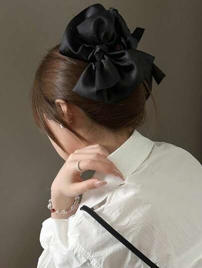 1pc Black Satin Rhinestone Embellished Hair Claw, Princess Style Oversized Irregular Bowknot Hair Clip