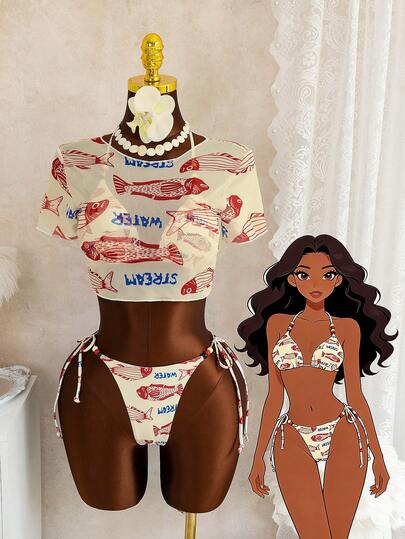 女士比基尼套装，三件式泳衣，手绘鱼纹印花，三角罩杯上衣，网纱罩衫，系带泳裤饰有彩色串珠，可爱夏季沙滩装，女士夏季度假沙滩泳装