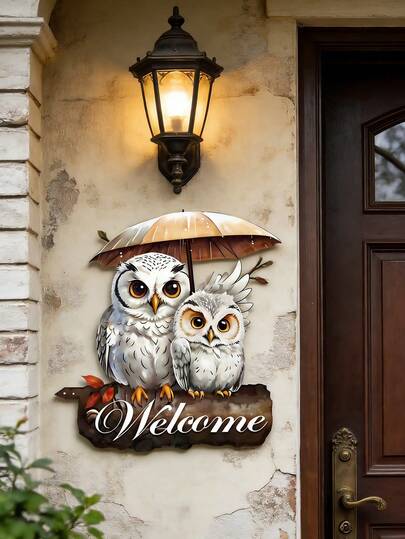 1件金属猫头鹰墙饰 - 彩色双猫头鹰欢迎牌，门廊装饰挂牌，防风雨花园装饰挂件，适合室内外使用，可用作家庭住址展示、花园入口艺术品，是理想的生日和情人节礼物。
