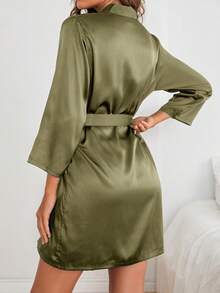 Open Front Belted Satin Night Robe Luxeloungewear, Fall, Winter - Army Green - View 2