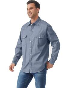 Men's Denim Cowboy Pearl Snap Casual Western Button Down Up Long Sleeve Work Shirts - Denim Blue 4 - View 1