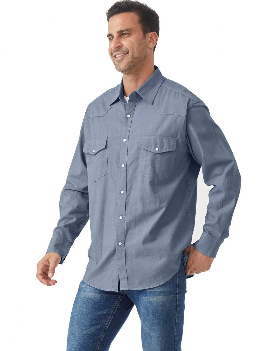 Men's Denim Cowboy Pearl Snap Casual Western Button Down Up Long Sleeve Work Shirts - Denim Blue 4 - View 1