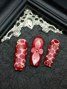 10pcs DIY Cute Baroque Y2K Shiny False Nails With Floral Decor, Handmade Square Long Glitter French Manicure Nails, Suitable For Valentine's Day, New Year Or Party Wear, For Women Holiday Use, Comes With Nail Glue Stickers And Nail File. - Đỏ và trắng - Xem 7