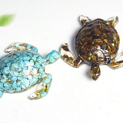 1pc Resin Embedded Natural Crystal Sea Turtle Figurine, Handmade Resin Cast Tortoise, Auspicious Desktop Office Decor, Ocean Style Turtle Ornament, Crystal Chips Inlaid, Fish Tank Landscaping Turtle, Healing Desk Decoration