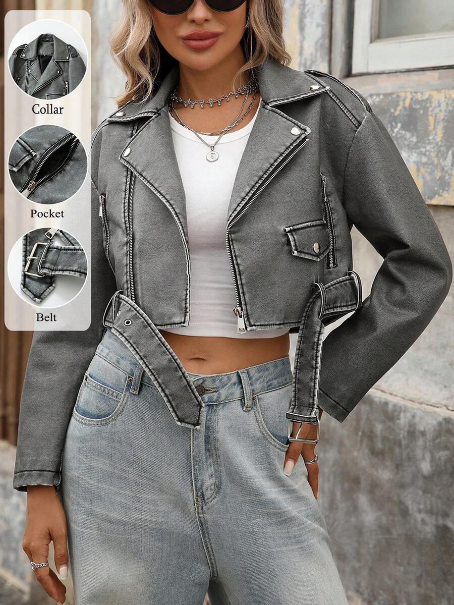 Women's Faux Leather Cropped Jacket Lapel Zipper Biker Short Bomber Moto Coat With Belt