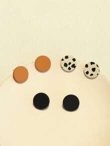 3 Pairs/1 Card Women's Deep Orange Polka Dot Print Ceramic Texture Personalized Round Acrylic Earrings - Multicolor - View 7
