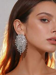 一对欧美经典百搭新款奢华全镶水晶耳环，时尚优雅高端锆石耳钉，新娘首饰 - 彩色 - 查看 3