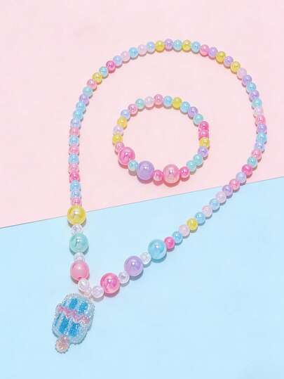 Set de 2 piezas de joyería para niñas con colgante de helado lindo y pulsera con cuentas, adecuado para festivales, fiestas, cumpleaños y uso diario