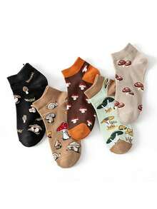 5 Pairs Women's Spring/Autumn Short Socks, Unique Mushroom Cartoon Crew Socks, Low-Cut Transparent Boat Socks - Multicolor - View 2