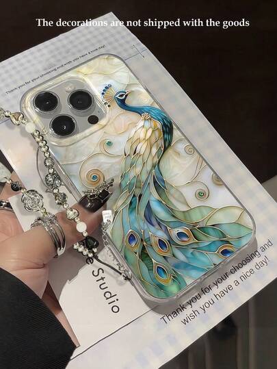 1 Stück Perlmutt Pfau bemaltes glänzendes Anti-Sturz Handyhülle + handgefertigter Perlen-Handgelenkriemen, minimalistisches Design kompatibel mit iPhone X XR XSMax 11 12 13 13Pro 13ProMax 14ProMax 14ProMax 15 15PRO 15PLUS 15PROMAX iPhone16 16Pro 16Plus 16Promax/17/17PRO/17PROMAX S25/S25U/A26/A56/A06, internationale Version, nicht die Inlandsversion