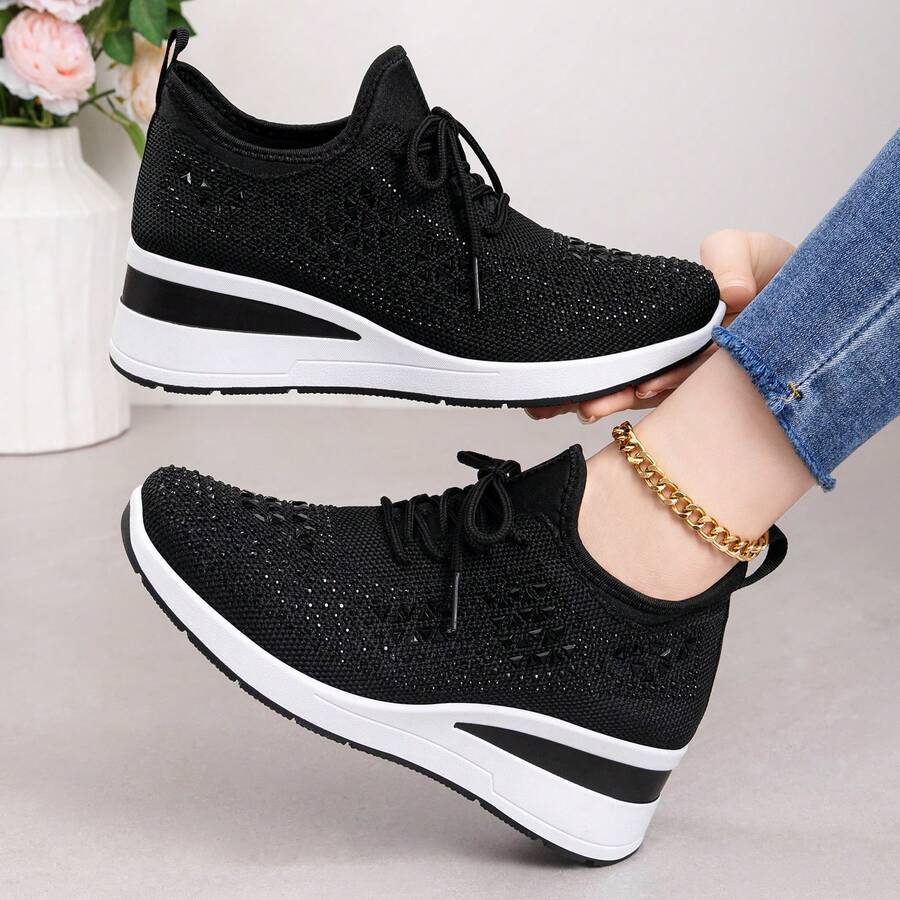 Nuevos zapatos casuales transpirables, parte superior de malla con lentejuelas, cómodas zapatillas con plataforma para mamás - Negro - Ver 1