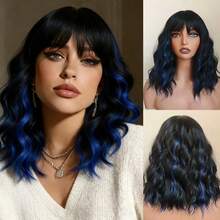 14 Inch Short Curly Wavy Bob Wig With Bangs, Black Base With Royal Blue Peekaboo Ombre Synthetic Wig, Heat Resistant Natural Looking Wig For Women, Daily Wear, Party, Cosplay, Wedding & Halloween - 黑藍漸變 - 查看 1