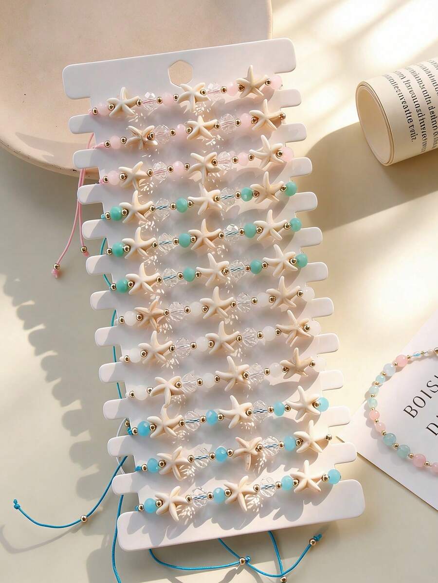 12pcs/Set New Fresh Ocean Style Starfish Beaded Adjustable Bracelet Set - Boho Pink And Blue Layered Bracelets With Transparent Crystal Beads, Matte Jade Beads And Resin Starfish Pendants, Drawstring Adjustable For Summer Beach Vacation, Music Festival, Pool Party, Casual Wear, Nickel-Free Gift - Multicolor - View 1