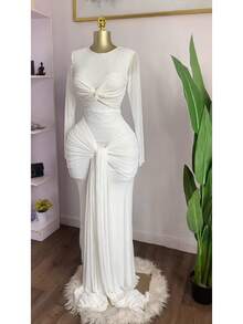 Women's Clothing 2026 Early Spring New Solid Color Long-Sleeved Round-Neck Chest Wrap Tight Temperament Long Dress - 白色 - 查看 1