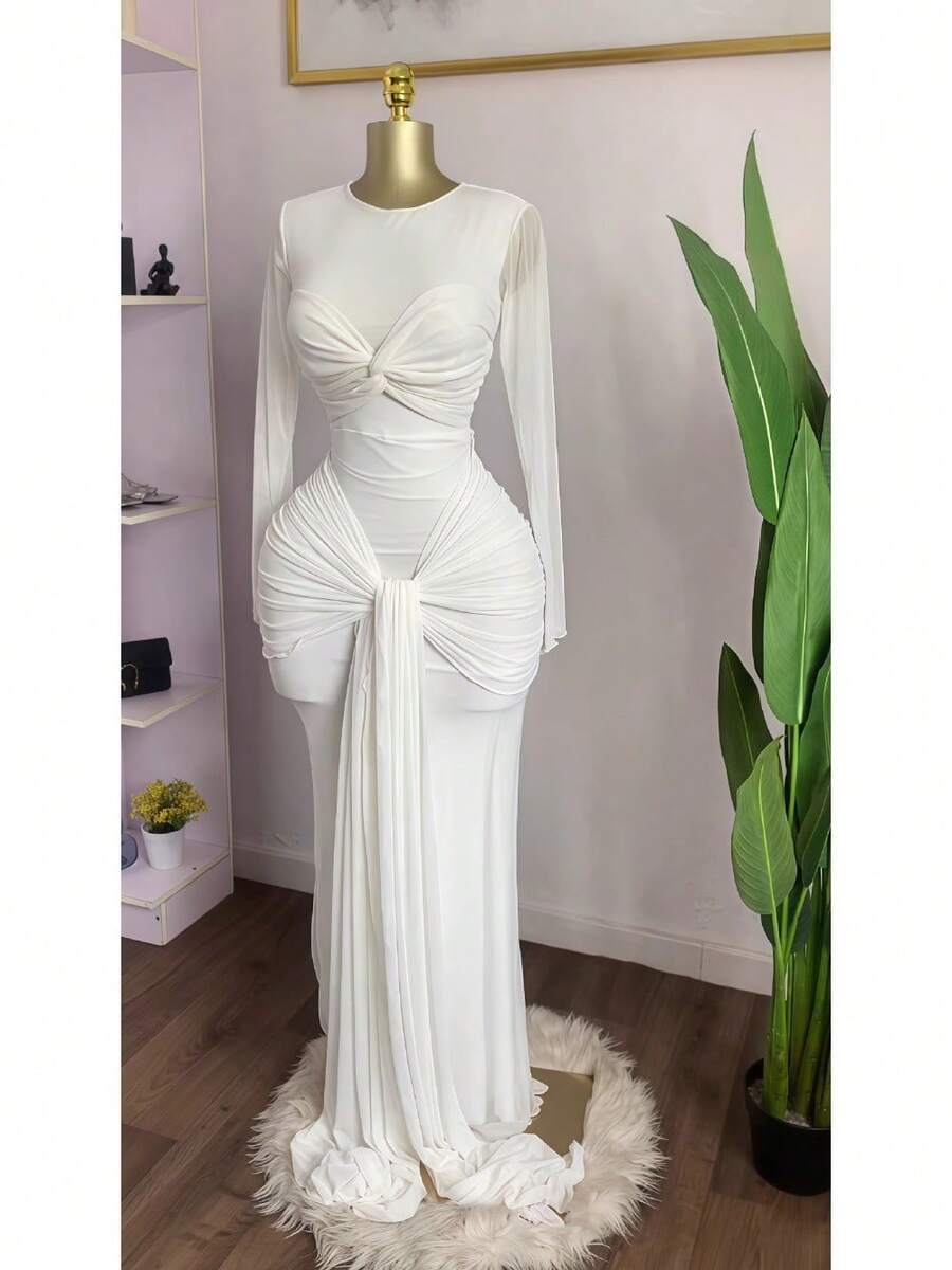 Women's Clothing 2026 Early Spring New Solid Color Long-Sleeved Round-Neck Chest Wrap Tight Temperament Long Dress - 白色 - 查看 1