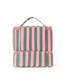 Striped Double Layer Cosmetic Bag, Large Capacity Cosmetic Storage Bag, Portable Travel Toiletry Bag, Suitable For Dressing Table And Travel - Multicolor - View 8