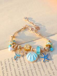 1pc Ocean Style Charm Bracelet, Starfish & Shell Charm Bracelet, Shell & Conch DIY Bracelet, Fashionable Boho Holiday Style Bracelet, Fashionable Cherry Blossom Flower Charm Bracelet - Gold - View 5