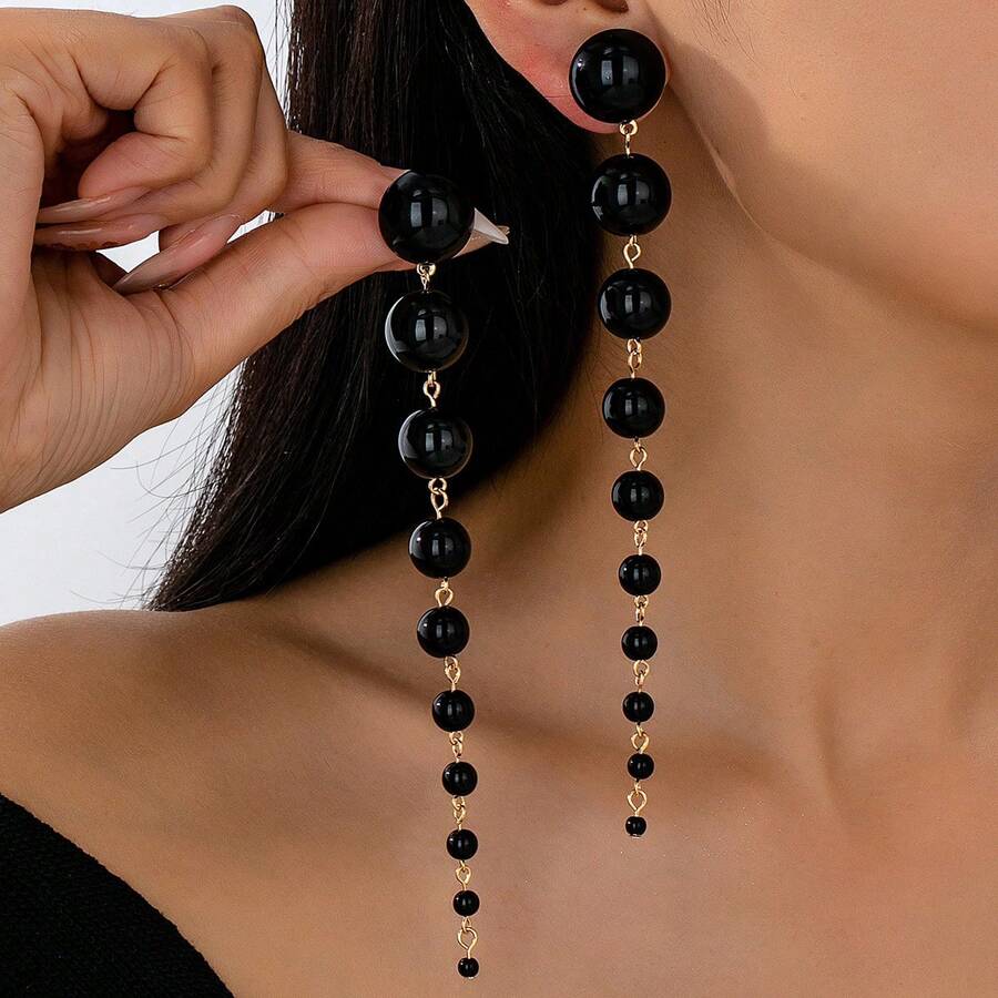 一对优雅长流苏仿珍珠女士耳坠，适合派对佩戴 - 黑色 - 查看 1