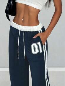 海军蓝撞色腰部阔腿裤，侧边条纹和数字印花设计，修身显瘦，休闲美式复古风！春季必备 - 寶藍色 - 查看 4
