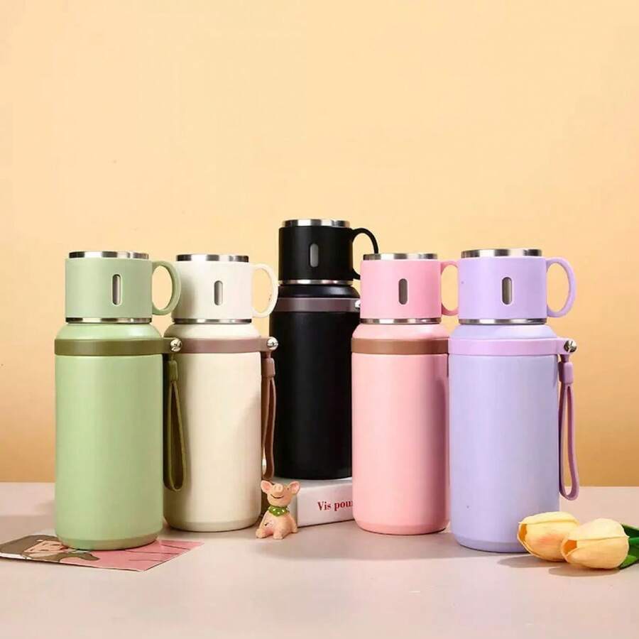 LDQ Stainless Steel Insulated Water Bottle, Vacuum Flask With Dual-Use Lid/Drinking Cup And Rope Handle, Washable, Suitable For Hot And Cold Beverages - Great For Camping, Dining And Office Use, Valentine's Day Gift - Multicolor - View 1
