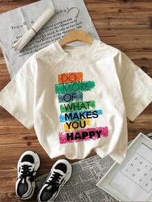 Camiseta de manga corta 100% de algodón puro de alta resistencia con estampado de letras "haz más de lo que te hace feliz", cuello redondo, suave, estilizante, casual, transpirable, absorbente de sudor, versátil para el verano. - Blanco - Ver 6
