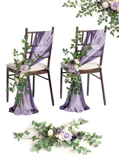 2件套 - 经典花卉装饰 - 人造紫色花朵搭配塑料绿叶，适用于婚礼椅背花束、宴会厅、家居装饰，也适用于毕业典礼、感恩节、生日、返校典礼等场合。