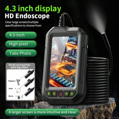 内窥镜摄像头，半刚性柔性设计，配备 4.3 英寸 IPS LCD 显示屏，8 毫米高清手持式内窥镜，TYPE-C 可充电 2600mAh 锂聚合物电池，IP67 防水，半刚性线缆，适用于汽车维修、管道下水道、暖通空调等，男士工具，酷炫小玩意