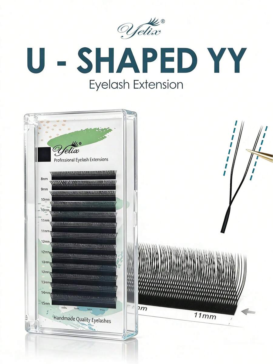 U型2D YY睫毛嫁接，0.07mm C/D/LU卷度，8-15mm混合预制浓密扇形睫毛，仿貂毛蓬松绽放睫毛，自然柔软，专业美睫沙龙专用单根睫毛簇 - 查看 1