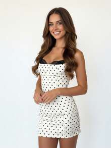 Vestido de fiesta sin mangas con tirantes finos y estampado de lunares para mujer, minivestido ajustado de encaje y patchwork, ideal para vacaciones y cócteles. - Blanco - Ver 7