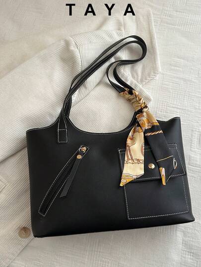 New Retro Fashion Tote Bag, With 3D Pocket And Scarf Decor, Zipper Opening, Lightweight Minimalist, Small Capacity Solid Color Soft Shoulder Bag, Suitable For Women's Daily Life, Commuting, Work, Vacation And Student Use