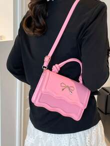 Fashion Solid Color Handbag, Casual Crease Flap Small Square Bag With Bowknot Metal Hardware Lock Closure, Tote Shoulder Crossbody Bag, Spring/Summer New - Pink - View 10