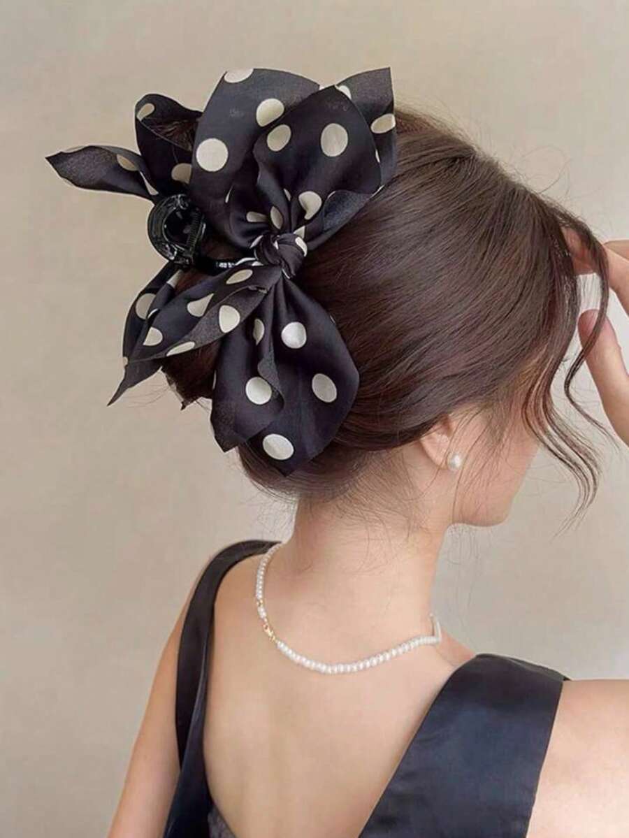 1pc Polka Dot Mesh Bow Hair Claw Clip, Sweet Style Summer Hair Accessories Beach Vacay Hair Clips - Black Polka Dots - View 1