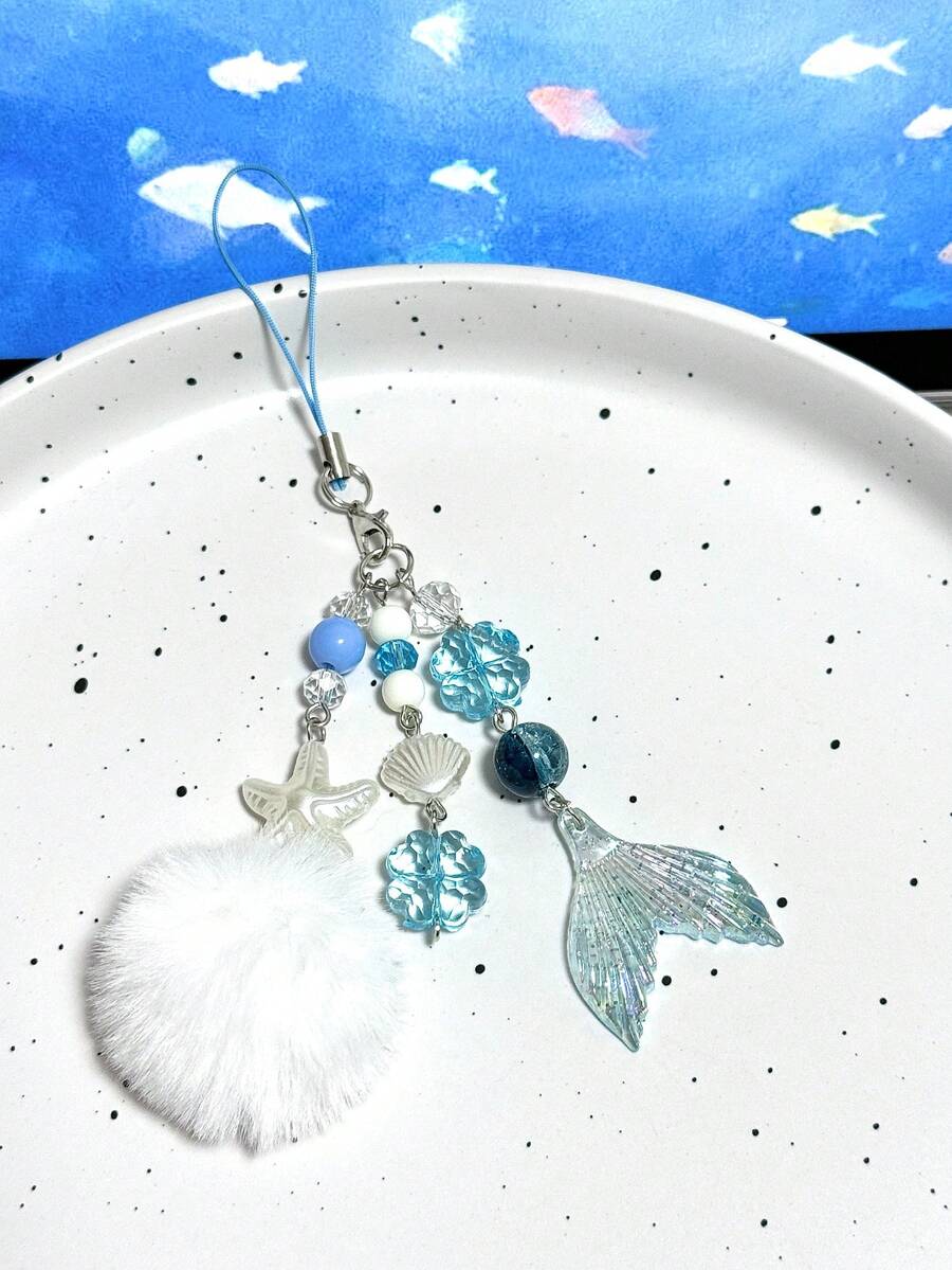 1pc [Ocean Blue Deep Space Mermaid Tail] Pom Pom, Starfish, Shell Phone Charm, Clover Pendant, Blue - Blue - View 1