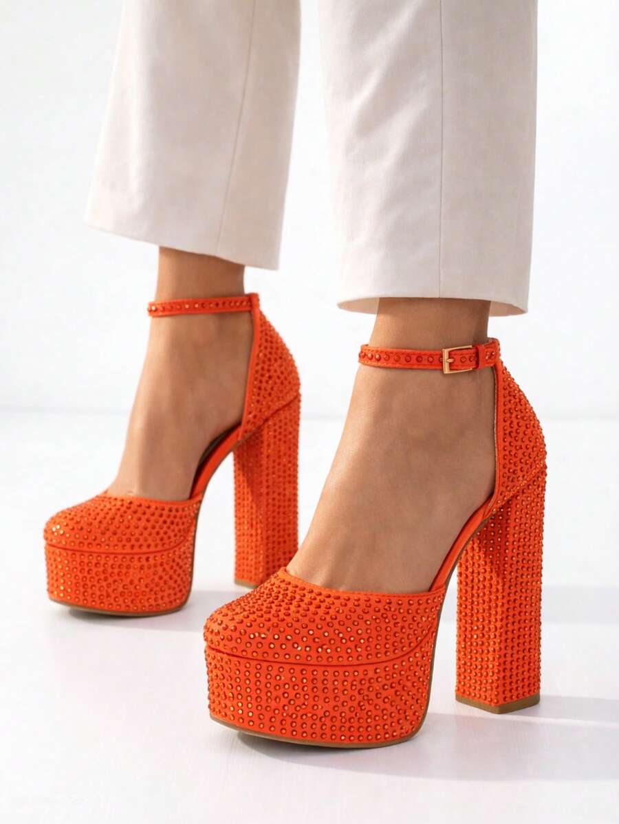 Women's Rhinestone Platform Block Heel Pumps With Ankle Strap – Party & Evening Statement Heels - Orange - View 1
