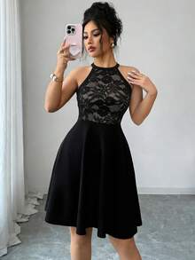 女士优雅中长连衣裙，性感蕾丝露肩吊带连衣裙，女士派对及日常穿着连衣裙，女士A字收腰连衣裙，情人节约会装扮 - 黑色 - 查看 5