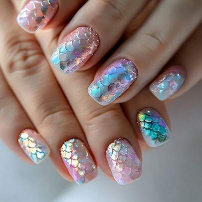 24pcs Press-On Nails, Square French Nails, Y2K Colorful Manicure, Short Style, Fashionable Gloss, Fish Scale Pattern, Minimalist Style Reusable Press On Acrylic Nails Fake Nails Supplies Free Of 24 Pieces Of Jelly Tabs And A Mini File