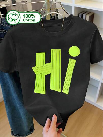 Women's Casual Everyday 100% Cotton Short-Sleeve T-Shirt, Cartoon Fluorescent Yellow-Green 'Hi' Pattern Print, Suitable For Outdoor Wear, Summer Clothing, Printed T-Shirt