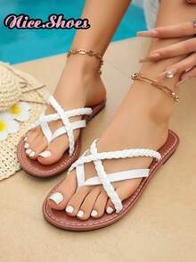 女士新款时尚休闲日常穿着扁平编织带交叉系带罗马风格沙滩凉鞋，轻便舒适的一脚蹬人字凉鞋，颜色有金色、黑色、棕色、巧克力棕色、银色 - 白色 - 查看 4