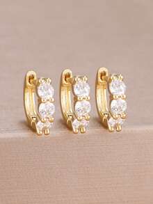 Three Same 18K Gold Plated Clear Shining Zirconia Hoop Earrings Set For Women New Design Wedding Party Earrings Gifts Jewelry - 1-gold-3PCS - View 1