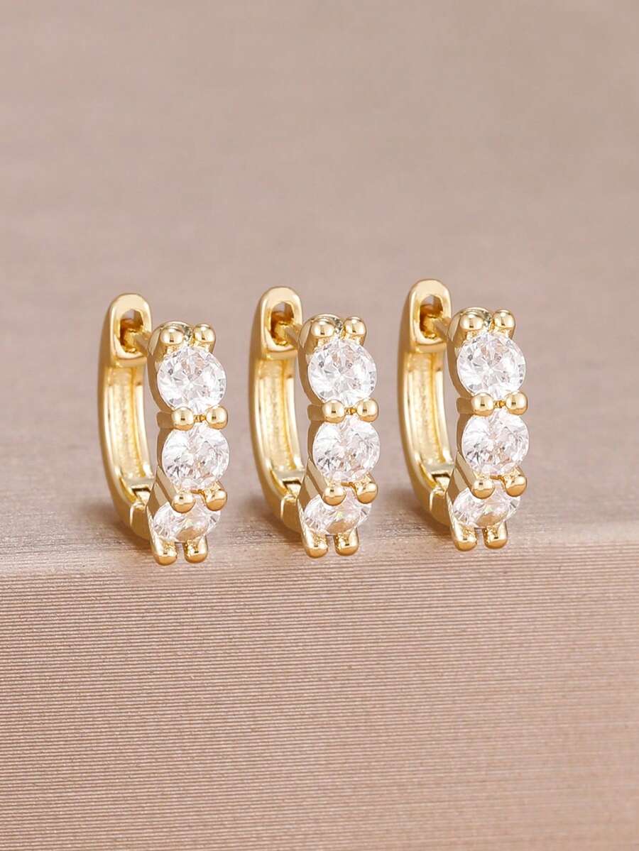 Three Same 18K Gold Plated Clear Shining Zirconia Hoop Earrings Set For Women New Design Wedding Party Earrings Gifts Jewelry - 1-gold-3PCS - View 1