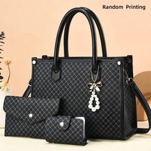 3pcs New Fashion Women Handbag Set, High-End Tote Bag, Large Capacity Shoulder Bag For Moms - Black - View 1