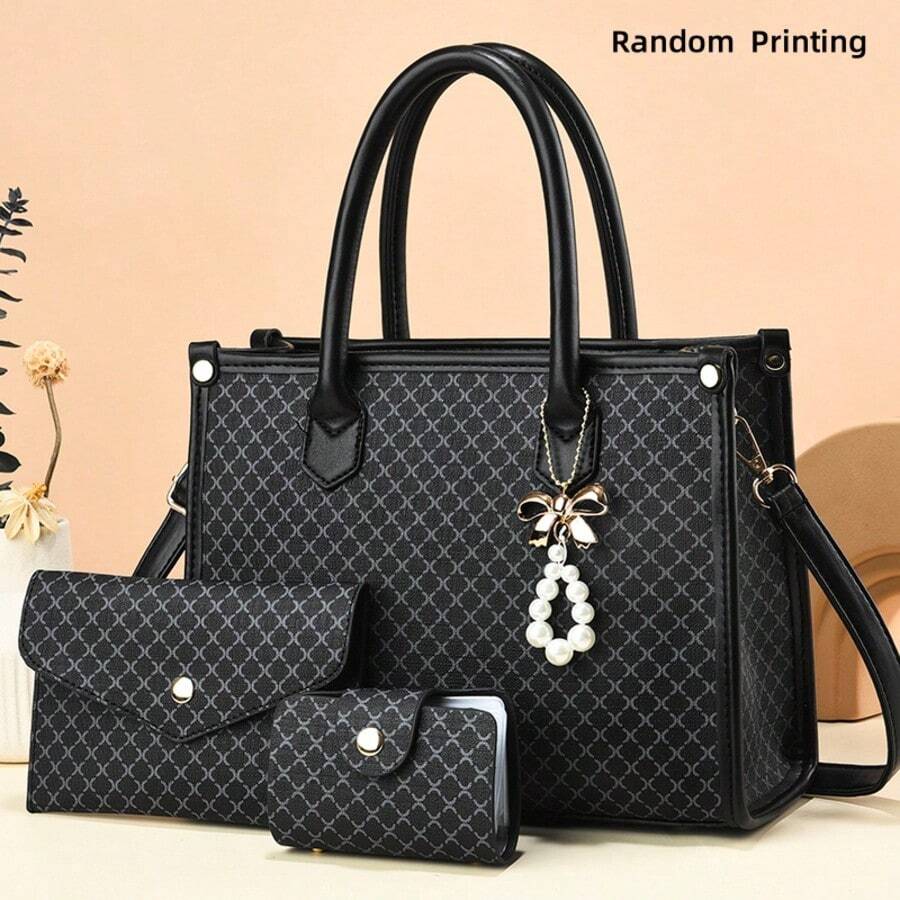 3pcs New Fashion Women Handbag Set, High-End Tote Bag, Large Capacity Shoulder Bag For Moms - Black - View 1