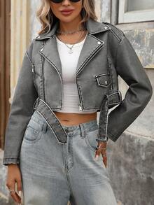 Women's Faux Leather Cropped Jacket Lapel Zipper Biker Short Bomber Moto Coat With Belt - Faded Gray - View 3