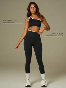 UONNOU 两件套女士无缝单肩露脐运动上衣+高腰塑形紧身裤套装，时尚健身瑜伽休闲服 - 黑色 - 查看 4