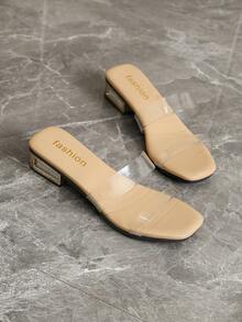 新款复古英伦时尚性感方头平底中跟透明鞋。色彩鲜艳，光泽亮丽，漆面细方跟低跟。轻盈的TPU材质，暖白色调，镜面PU材质。春秋季社交派对鞋，时尚优雅凉鞋。 - 卡其色 - 查看 2