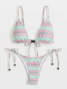 Bộ bikini nữ mùa hè mới, kẻ sọc, thời trang, gợi cảm, thích hợp cho kỳ nghỉ biển, hẹn hò, dự tiệc. - Màu Hồng  San hô - Xem 2