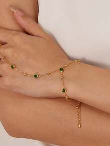 1pc Stainless Steel Finger Chain Jewelry, Fashionable Niche Design Sense Glass Heart Pendant, & Versatile - Gold - View 2