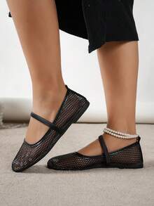 Giày bệt lưới rỗng cho nữ, giày búp bê thời trang, thoải mái, nhẹ nhàng, giày slip-on thoáng khí đi làm hàng ngày cho mùa hè, quà tặng Ngày của Mẹ. - Đầu tròn màu đen - Xem 5