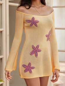 Women Starfish Sequin Mini Dress Off Shoulder Long Sleeve Knit Short Dress Sheer See Through Summer Beach Vacation Dresses - Màu vàng - Xem 4